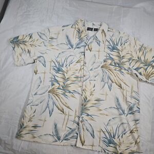 WF Mens XL 100% Silk Hawaiian Camp Shirt Tropical Leaf Aloha Button Up Beige